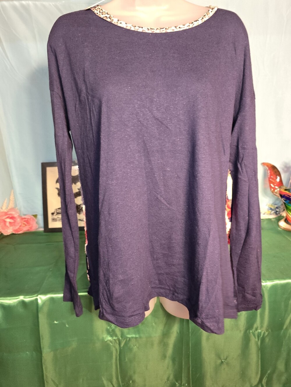 Umgee Navy Long Sleeve Top with Floral Accent